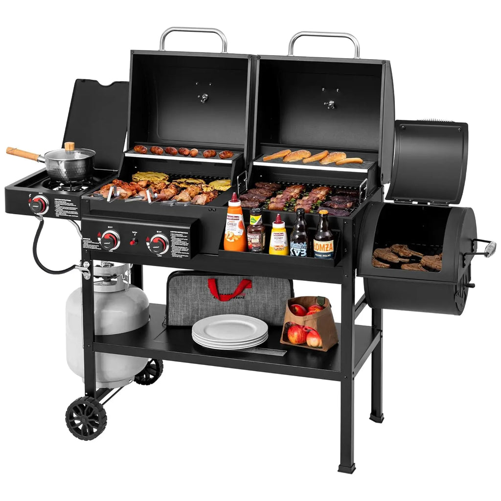 2-Burner Gas & Charcoal Combo Grill with Offset Smoker and Side Burner