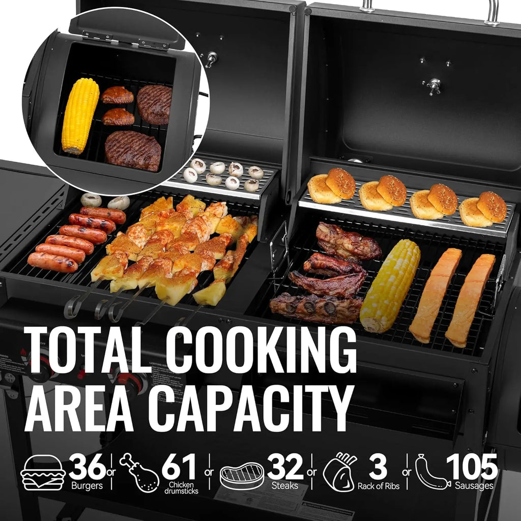 2-Burner Gas & Charcoal Combo Grill with Offset Smoker and Side Burner