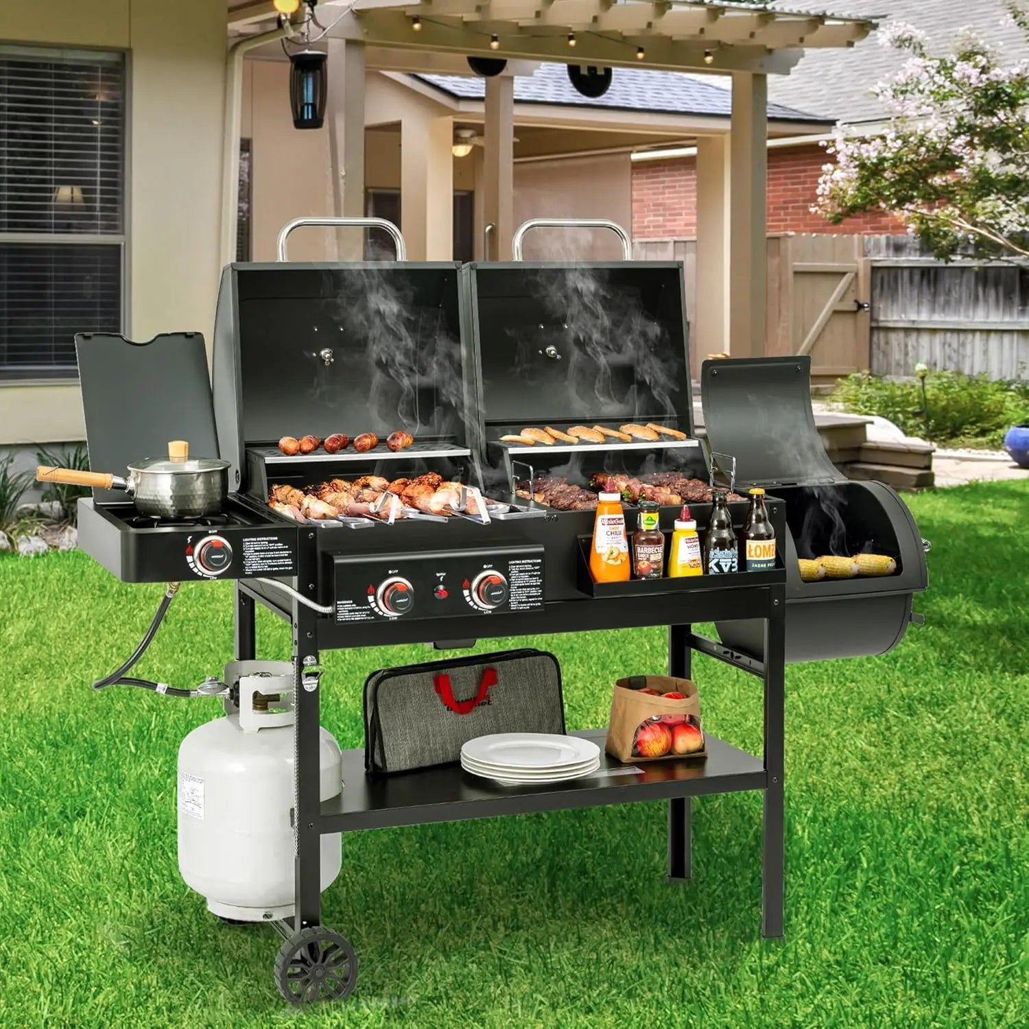 2-Burner Gas & Charcoal Combo Grill with Offset Smoker and Side Burner