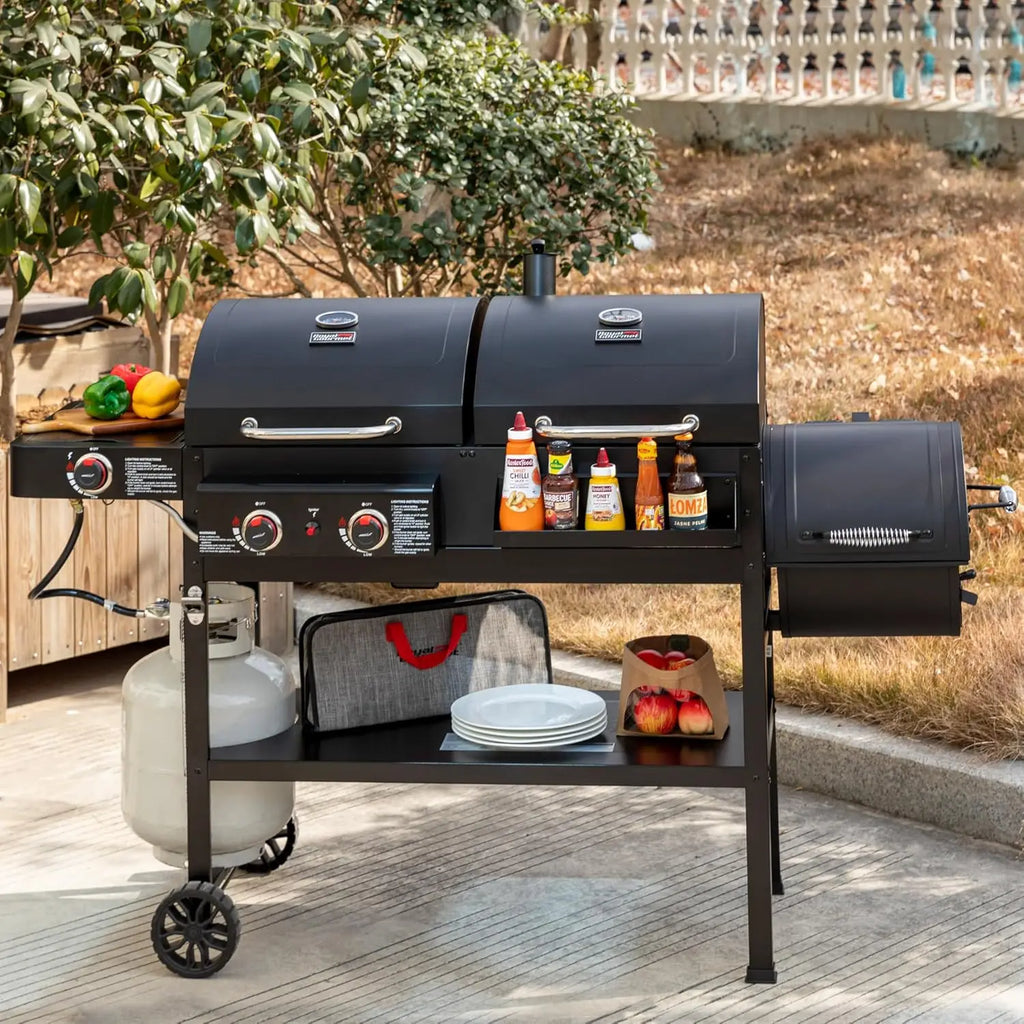 2-Burner Gas & Charcoal Combo Grill with Offset Smoker and Side Burner