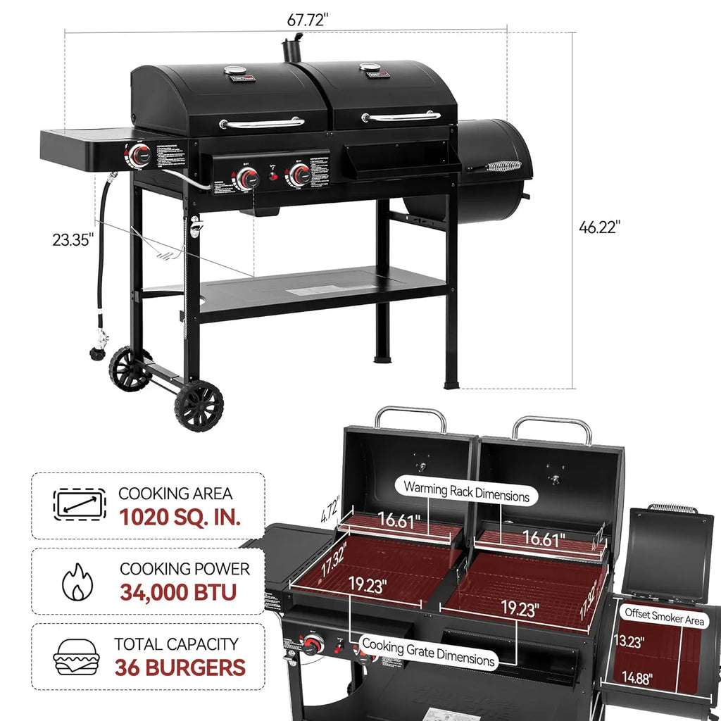 2-Burner Gas & Charcoal Combo Grill with Offset Smoker and Side Burner