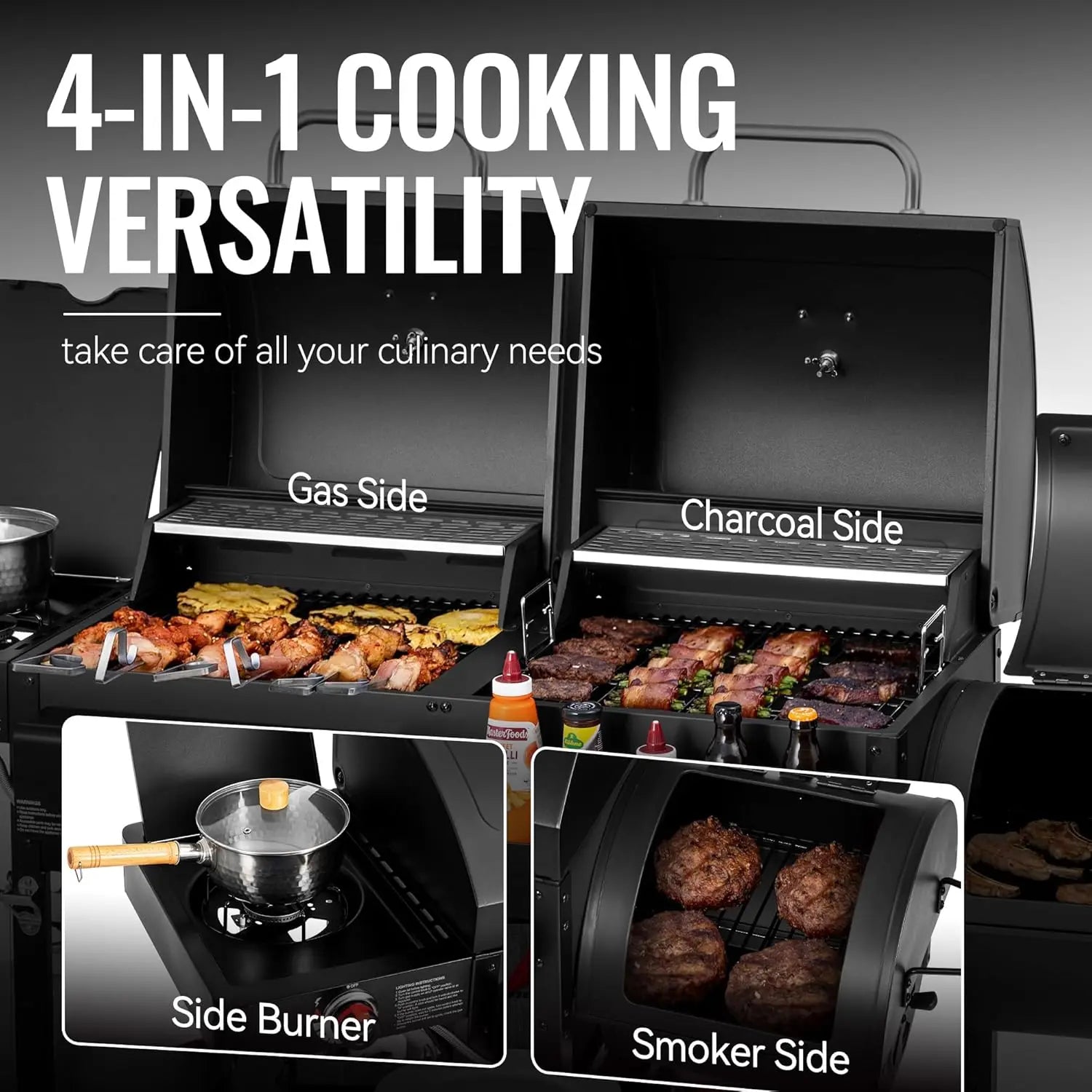 2-Burner Gas & Charcoal Combo Grill with Offset Smoker and Side Burner